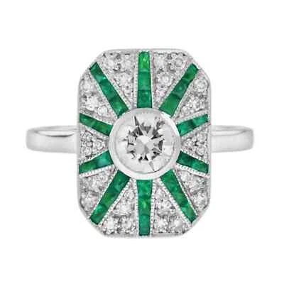 Art Deco Style Lab-Created Diamond Emerald Party Wear Ring 14K White Gold FN