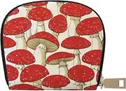 [JEJEA] Red White Mushroom Print Credit Card Holder Wallet, Small Card Holder Wallet with Zipper,Leather Card Holder, White, One Size