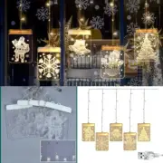 LED Christmas Curtain Window Hanging Lights Snowflake Santa USB Christmas Decor