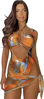 IDOPIP Festival Outfit Damen Sexy Bikini Set Rave Outfit Clubwear Wickelrock Metallic Badeanzug Neckholder Rückenfreies Kleid Faschingskostüme Für Karneval Tanz Party Cosplay