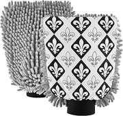 Black White Fleur De Lis Wash Mitts for Car Washing Absorbent Chenille Microfiber Cleaning Car Detailing Supplies Soft Scratch Free, Medium x 2 Pack