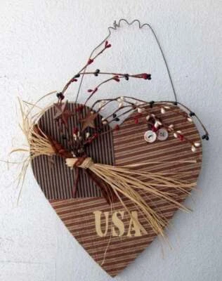 USA Flag Heart Patriotic Wall Sign Hanging Decor Button Berry Prim Patriotic