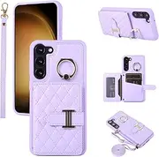 Phone Case For Samsung Galaxy S23 5G Wallet Cover with Crossbody Shoulder Strap and Leather Credit Card Holder 360°Rotation Ring Kickstand Stand Cell S 23 23S GS23 G5 SM-S911U 6.1 inch Girls Purple