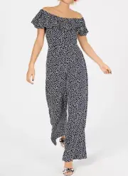 BETSEY JOHNSON Women's Navy Polka Dot Off-The-Shoulder Ruffle Pant Jumpsuit 16W