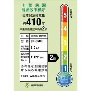 【愛生活】晶工牌 ( JD-3600 ) 10.5L 節能 溫熱全自動開飲機 / 飲水機 (7.5折)