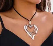 Double Heart Silver Pendant Necklace for Women with Leather Cord