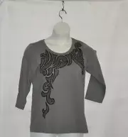 Bob Mackie Embroidered Pull-Over Knit Top with Sequins Size S Charcoal