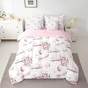Feelyou Princess Girls Comforter Set with Sheets Pink Castle Bow Full Size 7 Piece Bedding Set for Kids Girls Fairytale Girly Bed in a Bag Soft Microfiber