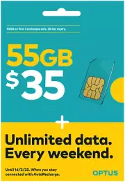 Optus Prepaid Travel SIM Card - 55GB, Unlimited Calls & Text, 28 Days