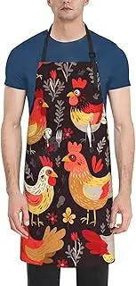 LHBWCVN Cute Rooster Chickens Apron for Adults, Waterproof Cooking Aprons with 2 Pockets, Adjustable Bib Apron for Dishwashing, Long Kitchen Apron for Women Men Work Aprons for Dog Grooming, Black