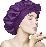 Khxriypha Silk Bonnet for Sleeping Women - Adjustable Hair Bonnet for Curly & Natural Hair, Satin Bonnet with Tie Band, Breathable Night Cap for Hair Protection, Purple