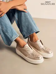 Gold Slip On Signature Forever Comfort® Leather Chunky Wedge Platform Trainers (AH5685) | $111