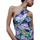 ZARA Bodysuit Top Womens S Assymmetrical Floral Blue Stretchy One Shoulder