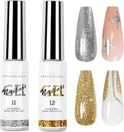 Nail Art Liner Gel Polish Glitter Gel Liner Nail Art 2Pcs Glitter Silver and Gold Painted Gel Nail Polish Soak Off UV/LED Glitter Gel Polish Thin Brush for Home Salon Diy Nail Decoration