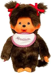 Bandai - Monchhichi - Pink and White Girl's Bib Soft Toy - 80s Iconic Monkey Soft Toy - 20cm Soft Toy for Children and Adults - 2 Years and Above - 25555