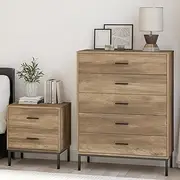 [Merryluk] Modern 5-Drawer Chest and Bedside Table Set,5 Chest of Drawers for Bedroom,Wood Grain Finish, Metal Legs,Storage Drawers,Dresser for Bedroom Closet Hallway