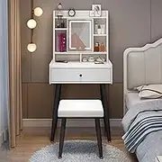 Stylish and Modern Makeup Vanity Set with Lighted Mirror and Chair DoubleLayer Storage Bedroom Vanity Table with Stool for High Definition Makeup Integrated Vanity Desk(B)