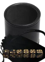 (6) 16mm Pearlized Gold Black Dice w/Pouch + PU Leather Dice Cup Black Lining