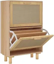 [vidaXL] Scandinavian Style Brown Shoe Cabinet - Engineered Wood and Natural Rattan Footwear Storage Unit with 2 Pull-Down Drawers