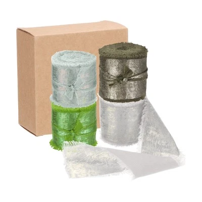 4pcs Chiffon Ribbon, 1"x5 Yard Silk Ribbon, Green Glitter Fabric Ribbon