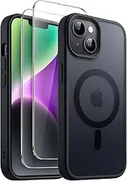 JETech 3 in 1 Magnetic Case for iPhone 14 Plus 6.7-Inch with 2 Pack Tempered Glass Screen Protectors, Compatible with MagSafe, Translucent Matte Back Shockproof Phone Cover (Black)