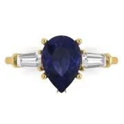 2.5 Pear Baguette 3 stone Blue Sapphire Promise Engagement Ring 14k Yellow Gold