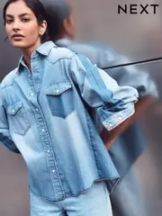 Mid Blue Patchwork Oversize Denim 100% Cotton Shirt (E51843) | $42