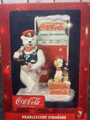 Coca-Cola Pearlescent Figurine 7” Polar Bear/Penguin in front of Coke Machine