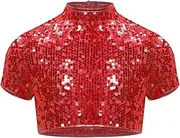 [FEESHOW] Girls Metallic Crop Tops Short Sleeves T-Shirt Shiny Tops Modern Dance Performance Costume Dancewear