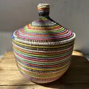 Rainbow African Woven Decorative Storage Basket, Senegal Lidded Basket NEW