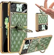 [Miimall] for Samsung Galaxy Z Flip 4 Leather Case with Ring, Shockproof PU Leather Samsung Z Flip 4 Case with Glass Camera Protection, Anti-Skid Full Coverage Protective Cover for Z Flip 4-Green