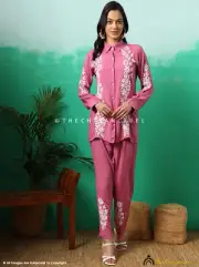 Onion Pink Rayon Chikankari Co-ord Set Lucknow Chikan Handmade Shirt Pant Set