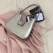 Top Handle Bow Faux Leather Sling Bag Silver - L