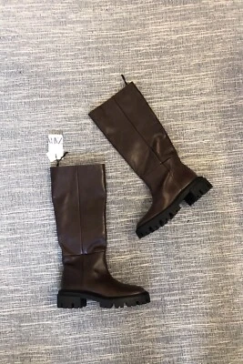 Zara Dark Brown Flat Real Leather Track Sole Knee High Boots UK8 EU41 US10 834