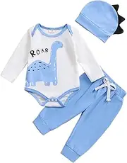 [Vioyavo] Baby Boy Clothes Set Infant Romper Dinosaur Print Long Sleeve Elastic Pants Hat 3Pcs Newborn Outfit