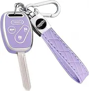 Key Fob Cover for Honda with Leather Keychain, Premium TPU Key Case Compatible with Honda 2003-2015 Accord Fit Civic EX CR-V Pilot Ridgeline Element Remote Smart Car Key Protector（4 Buttons Purple）