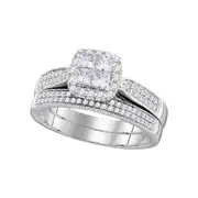 14k White Gold Princess Diamond Halo Bridal Wedding Ring Set 3/4 Cttw