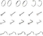 [wowled] 20G Nose Rings Hoop Set Stainless Steel Nose Studs Nose Screw Nose Hoop Rings CZ Nose Piercing Jewelry for Women Men 21PCS