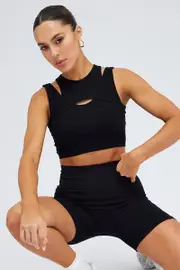 Black Top Tank Twofer Sleeveless Seamless - Size S, Women's Top
