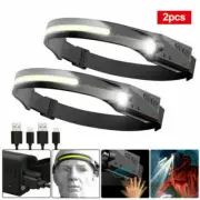 2 PACK Headlamp COB LED Rechargeable Headlight Torch Work Light Bar Head Band US
