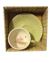 Marjolein Bastin Teacup & Saucer Flowers Bees & Green Basket Woven Cup Set