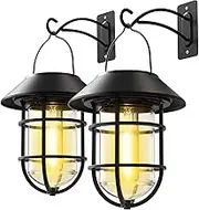 Solar Lantern Hanging Solar Lights Outdoor, Waterproof Metal Wall Lantern with Hooks, Outdoor Wall Lights for Porch, Patio Yard Garden Decor, No Wiring Required, 2 Pack