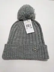 Michael Kors Light Gray Knit Beanie Pom Pom Silver MK One Size NEW