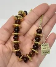 Vintage Signed Napier Lucite Tortoise Bead Gold Disk Bracelet