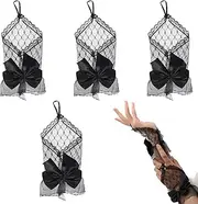 [GLOBLELAND] 2 Pairs Lady Bow Mesh Sheer Short Lace Fingerless Gloves Bow Rhinestone Wedding Mesh Sheer Fingerless Gloves Bridesmaids Lace Bow Short Gloves for Banquet Wedding Dinner 80s Tea Party,