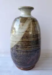 Superb Studio Art Pottery Tall Vase Brown and Cream Drip Glaze