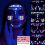 8 Sheets Set Face Fluorescent Tattoo Stickers Glow Under UV Light Neon Party Bar
