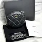 New CHANEL Round Pouch Glove Case Round Lambskin Matlasse Black CHANEL Coco Mark