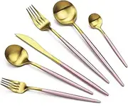 JASHII Luxury 18/10 Pink Handle Flatware Gold Silverware Set 304 Stainless Steel Flatware Cutlery Set| 6-Piece Adaline Royal Modern Satin Finish| Best Birthday Wedding Gift (Pink Handle Matte Gold)