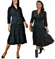 NEW Nina Leonard Tiered Button Front Dress BLACK SZ XL